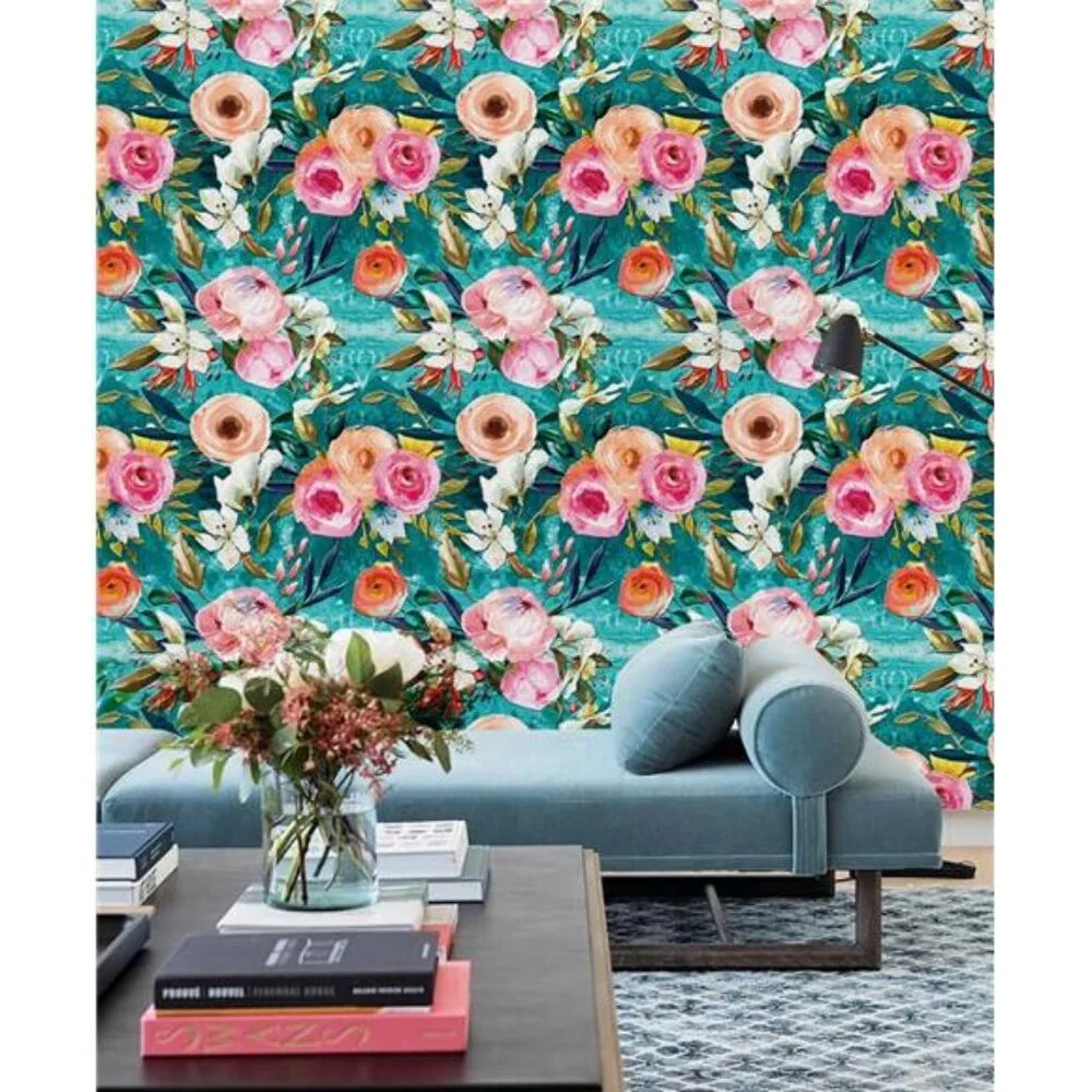 Floral Peel and Stick Wallpaper Teal Green/Pink Removable, 17.7in x 6.5ft